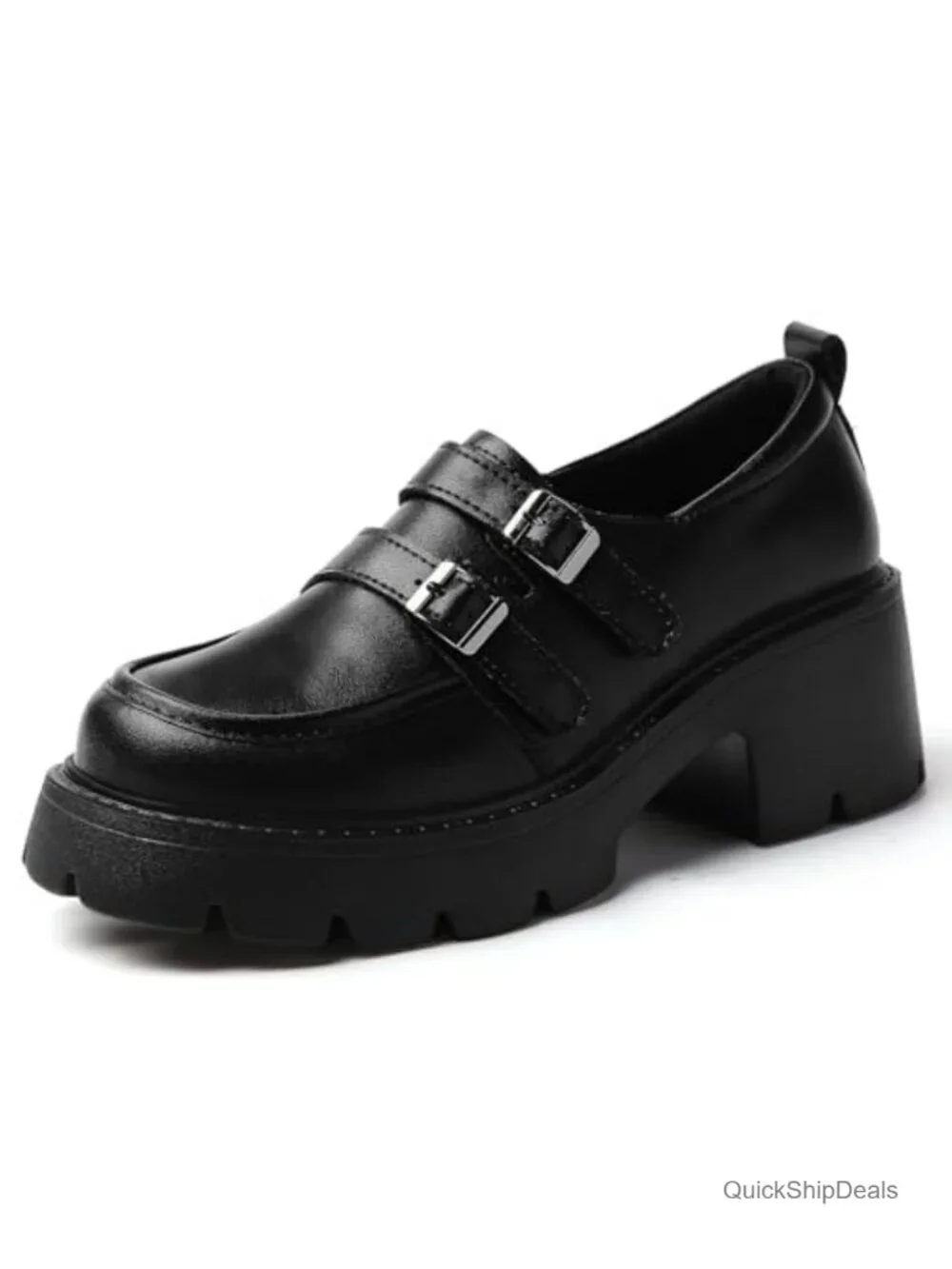 Women's Chunky Platform Loafers Double Buckle Monk Strap Slip On Lug Sole